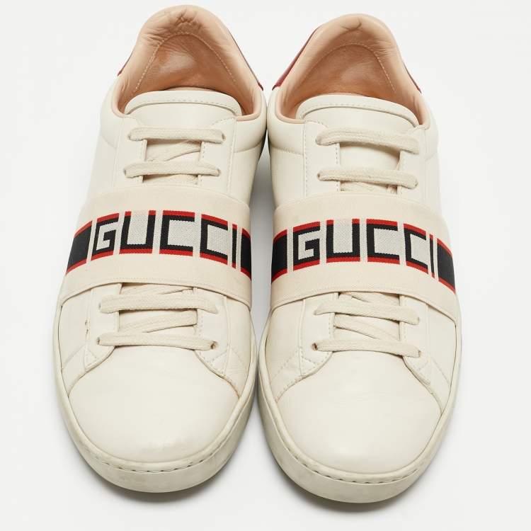 Pre Owned Gucci Off White/Red Leather Ace Stripe Sneakers Size 39