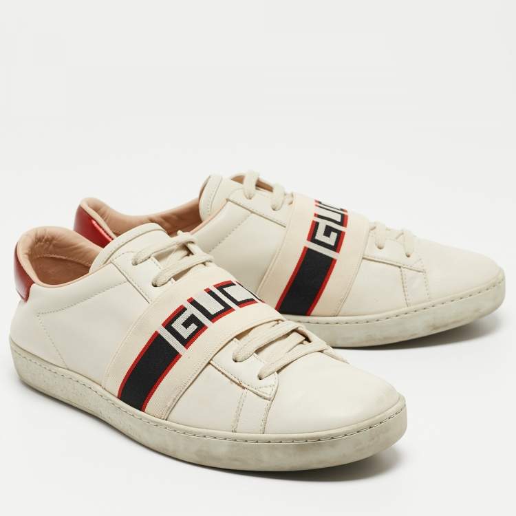 Pre Owned Gucci Off White/Red Leather Ace Stripe Sneakers Size 39