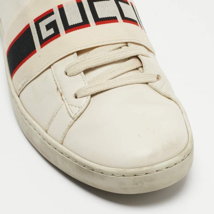 Pre Owned Gucci Off White/Red Leather Ace Stripe Sneakers Size 39