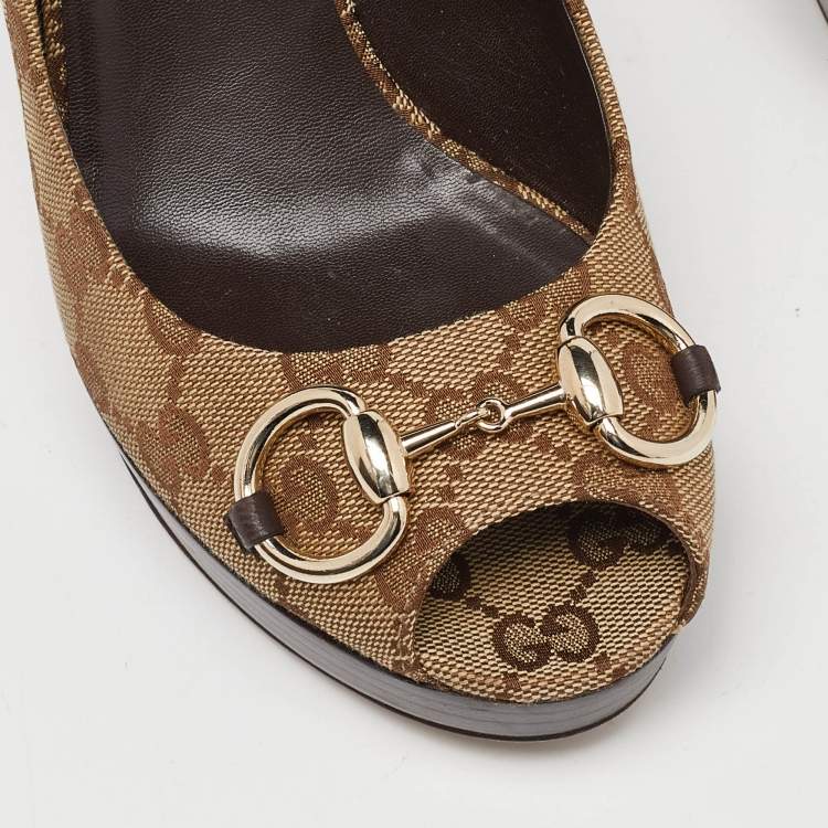 Pre Owned Gucci Beige GG Canvas New Hollywood Horsebit Peep Toe Pumps Size 38