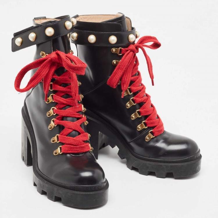 Pre Owned Gucci Black Leather Faux Pearl Embellished Ankle Boots Size 41