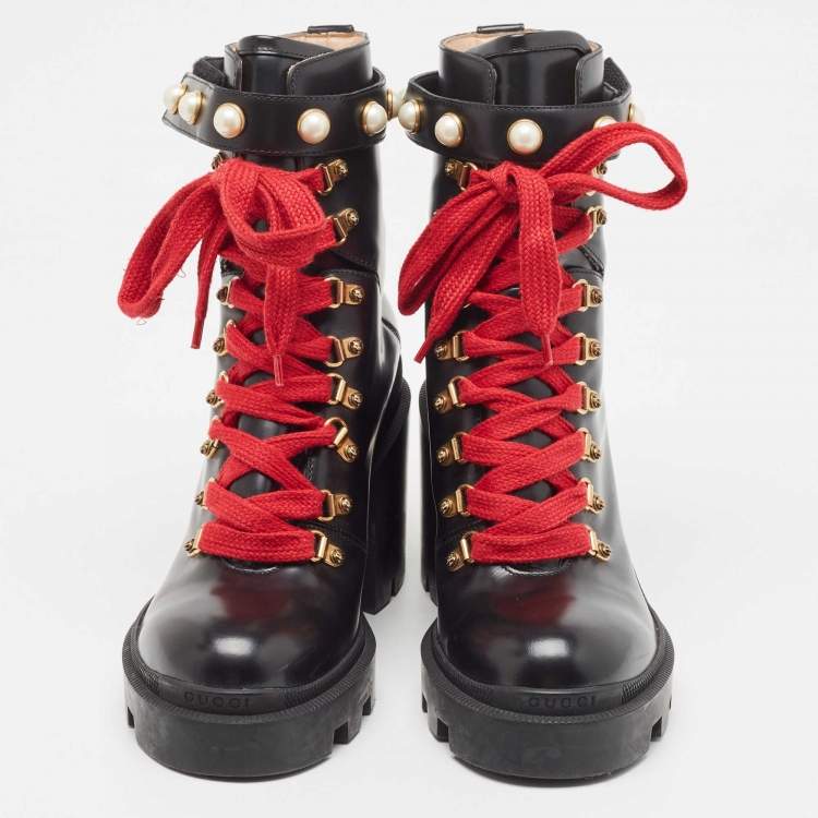 Pre Owned Gucci Black Leather Faux Pearl Embellished Ankle Boots Size 41
