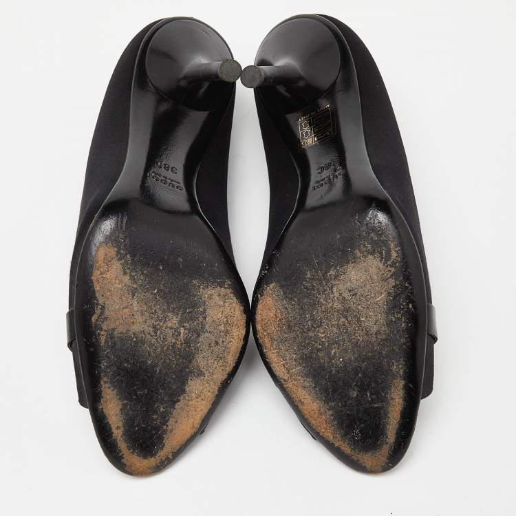 Pre Owned Gucci Black Satin Horsebit Peep Toe Pumps Size 38