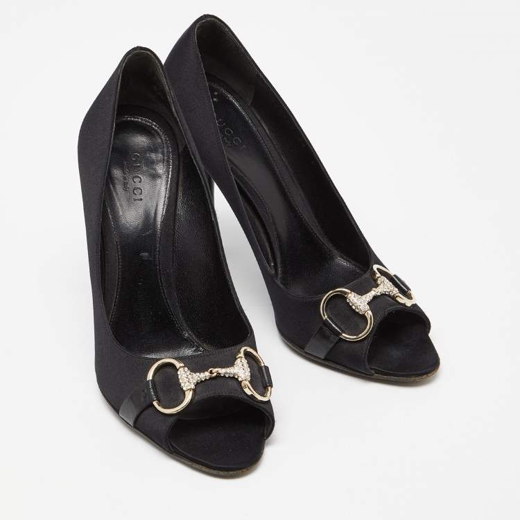 Pre Owned Gucci Black Satin Horsebit Peep Toe Pumps Size 38