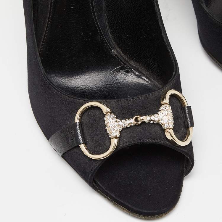 Pre Owned Gucci Black Satin Horsebit Peep Toe Pumps Size 38