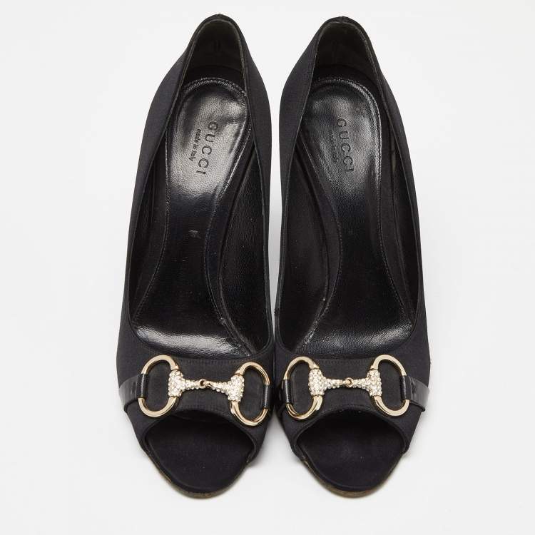 Pre Owned Gucci Black Satin Horsebit Peep Toe Pumps Size 38