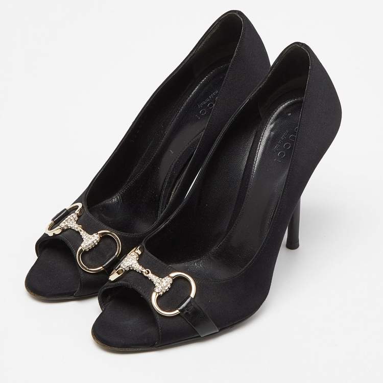 Pre Owned Gucci Black Satin Horsebit Peep Toe Pumps Size 38