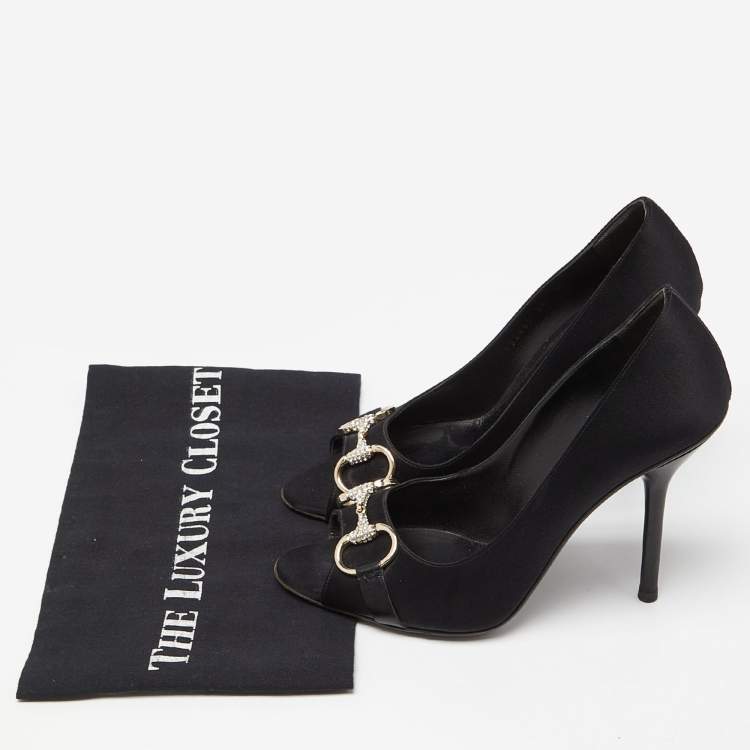 Pre Owned Gucci Black Satin Horsebit Peep Toe Pumps Size 38