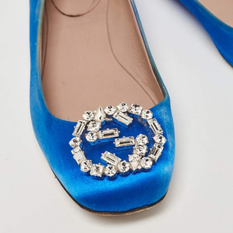 Pre Owned Gucci Blue Satin Interlocking G Crystals Ballet Flats Size 37.5