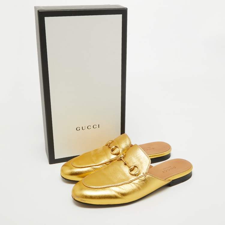 مملوكة مسبقًا Gucci Metallic Gold Leather Princetown Flat Mules Size 36