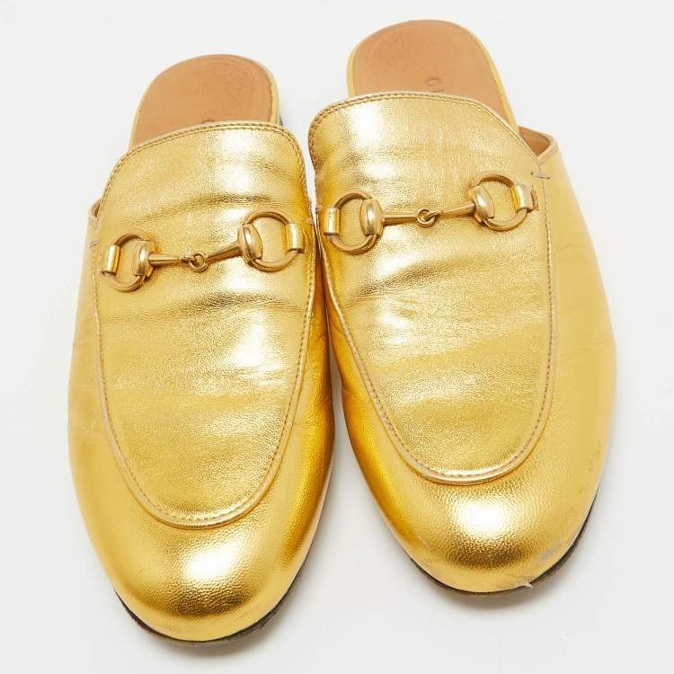 مملوكة مسبقًا Gucci Metallic Gold Leather Princetown Flat Mules Size 36