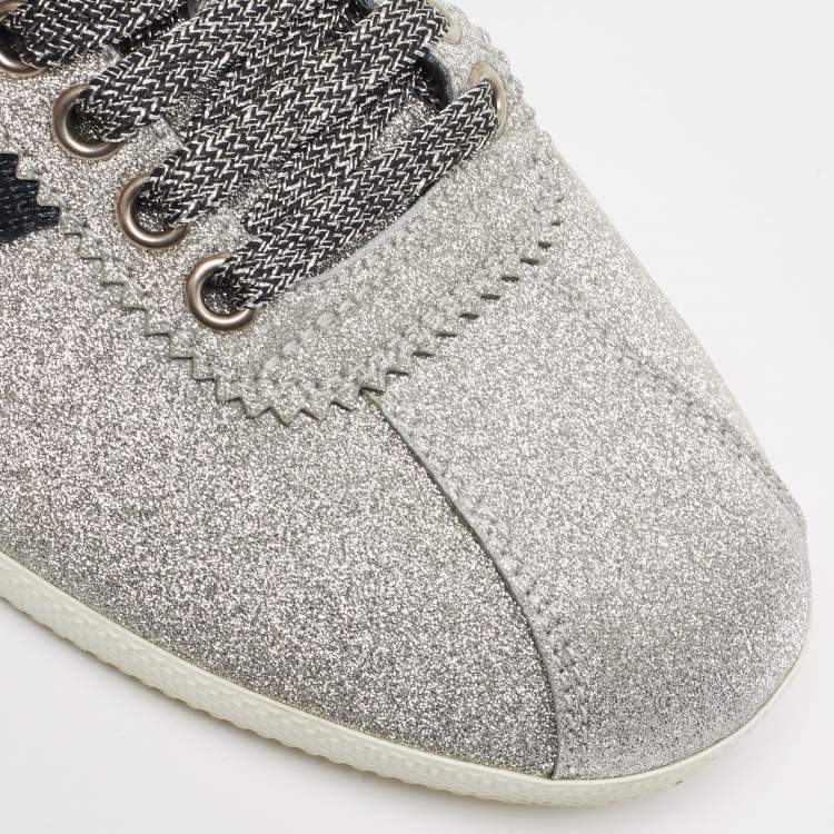 Pre Owned Gucci Metallic Silver Glitter Web Bambi Sneakers Size 38
