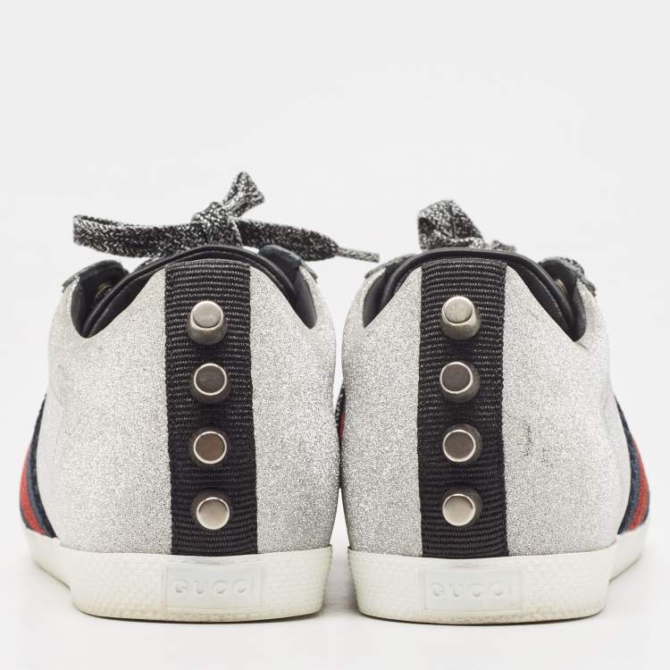 Pre Owned Gucci Metallic Silver Glitter Web Bambi Sneakers Size 38