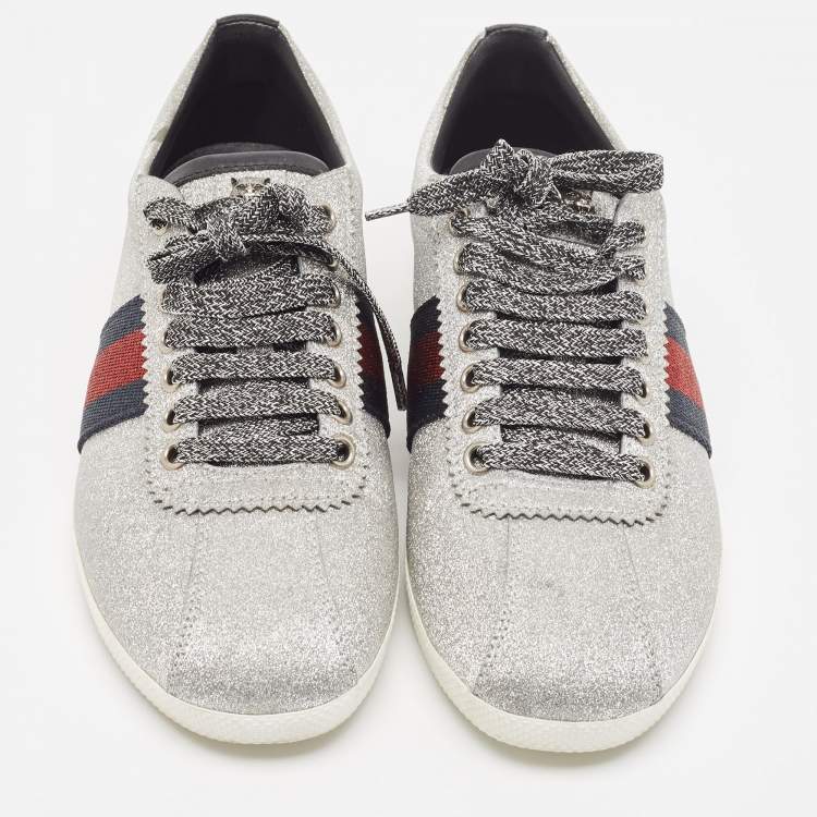 Pre Owned Gucci Metallic Silver Glitter Web Bambi Sneakers Size 38