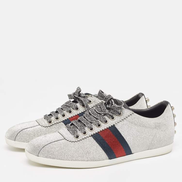 Pre Owned Gucci Metallic Silver Glitter Web Bambi Sneakers Size 38
