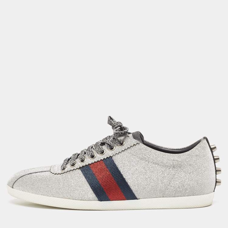 Pre Owned Gucci Metallic Silver Glitter Web Bambi Sneakers Size 38