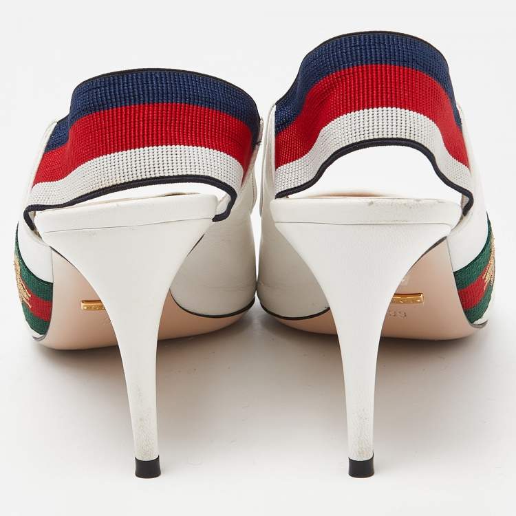 Pre Owned Gucci White Leather Sylvie Accent Slingback Pumps Size 39