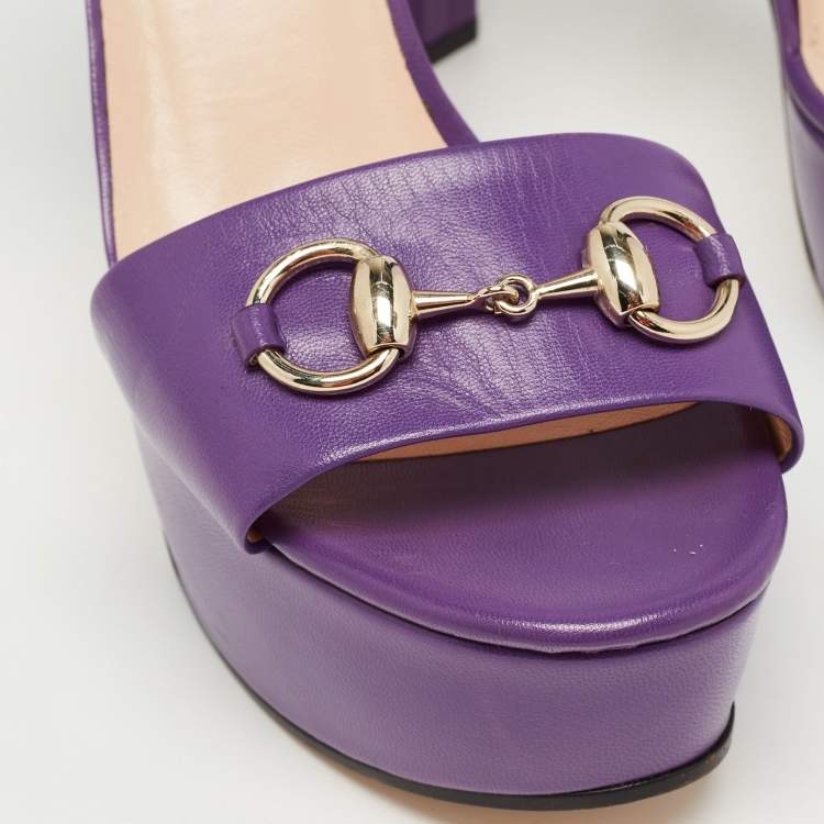 مملوكة مسبقًا Gucci Purple Leather Claudie Horsebit Platform Ankle Strap Sandals Size 38.5
