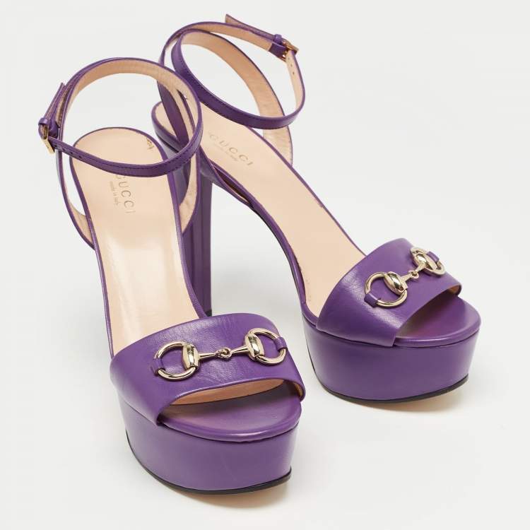 مملوكة مسبقًا Gucci Purple Leather Claudie Horsebit Platform Ankle Strap Sandals Size 38.5