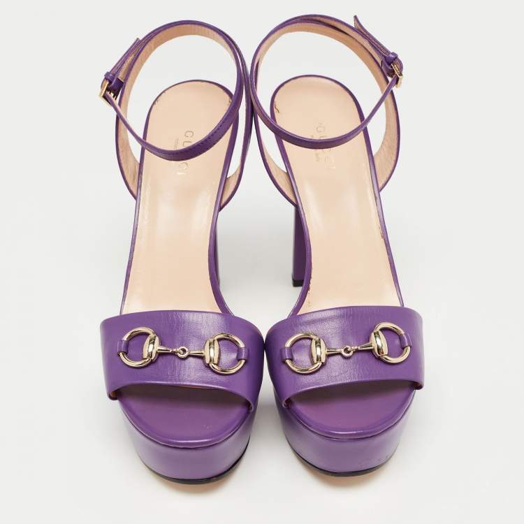 مملوكة مسبقًا Gucci Purple Leather Claudie Horsebit Platform Ankle Strap Sandals Size 38.5