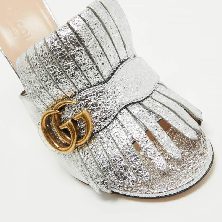 Pre Owned Gucci Silver Foil Leather GG Marmont Fringe Details Open Toe Sandals Size 38