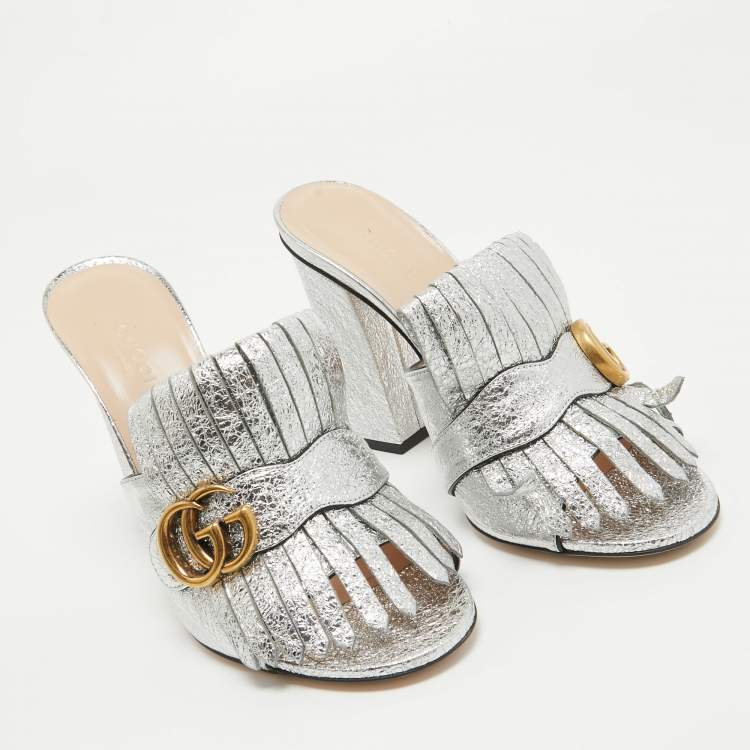 Pre Owned Gucci Silver Foil Leather GG Marmont Fringe Details Open Toe Sandals Size 38