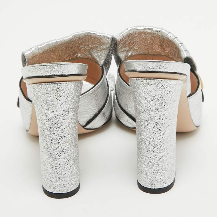 Pre Owned Gucci Silver Foil Leather GG Marmont Fringe Details Open Toe Sandals Size 38