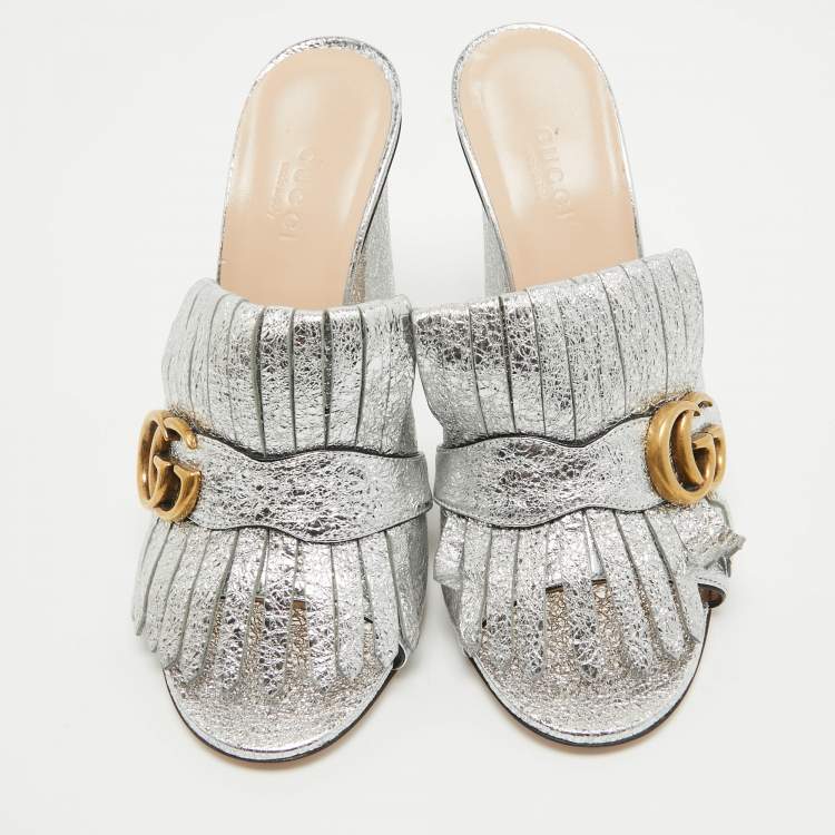 Pre Owned Gucci Silver Foil Leather GG Marmont Fringe Details Open Toe Sandals Size 38