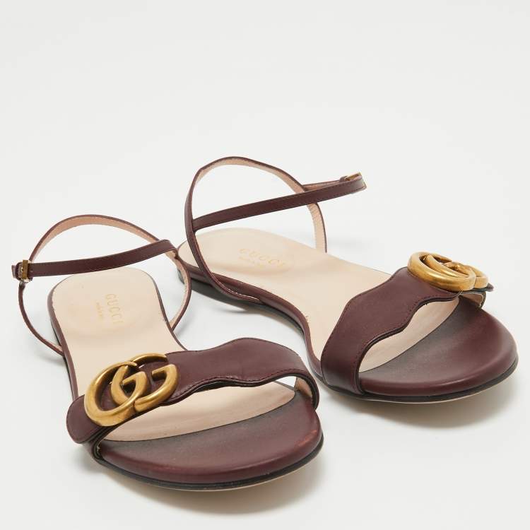 Pre Owned Gucci Burgundy Leather GG Marmont Ankle Strap Flat Sandals Size 35