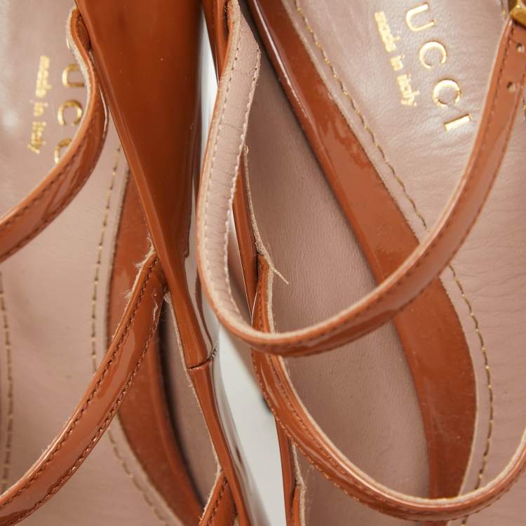 Pre Owned Gucci Brown Patent Leather Lisbeth Open Toe Pumps Size 38.5