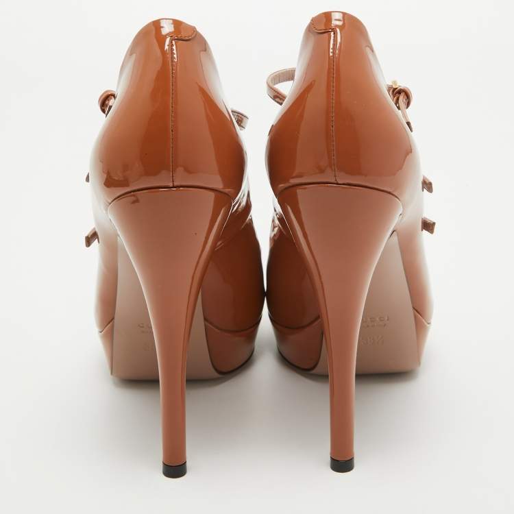 Pre Owned Gucci Brown Patent Leather Lisbeth Open Toe Pumps Size 38.5