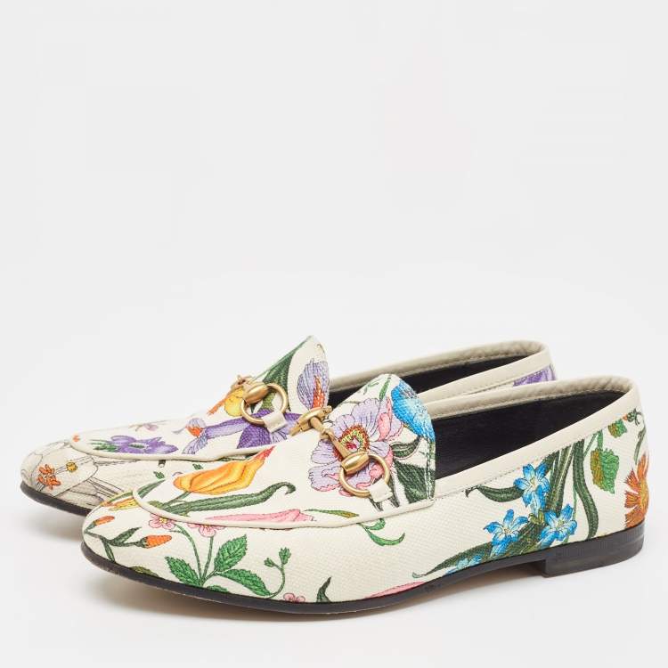Pre Owned Gucci White Floral Canvas Jordaan Horsebit Slip On Loafers Size 35
