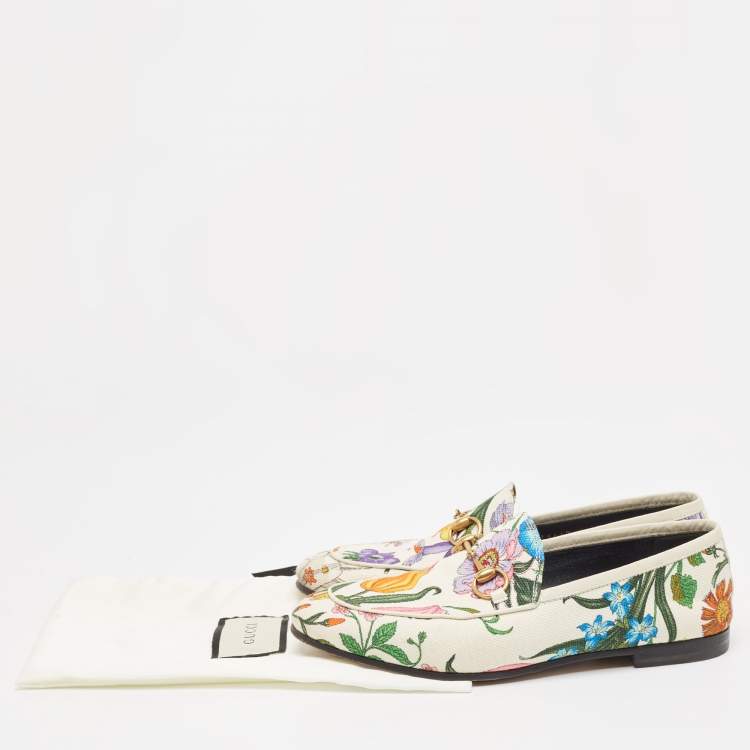 Pre Owned Gucci White Floral Canvas Jordaan Horsebit Slip On Loafers Size 35