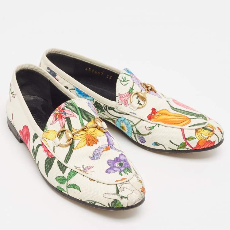 Pre Owned Gucci White Floral Canvas Jordaan Horsebit Slip On Loafers Size 35