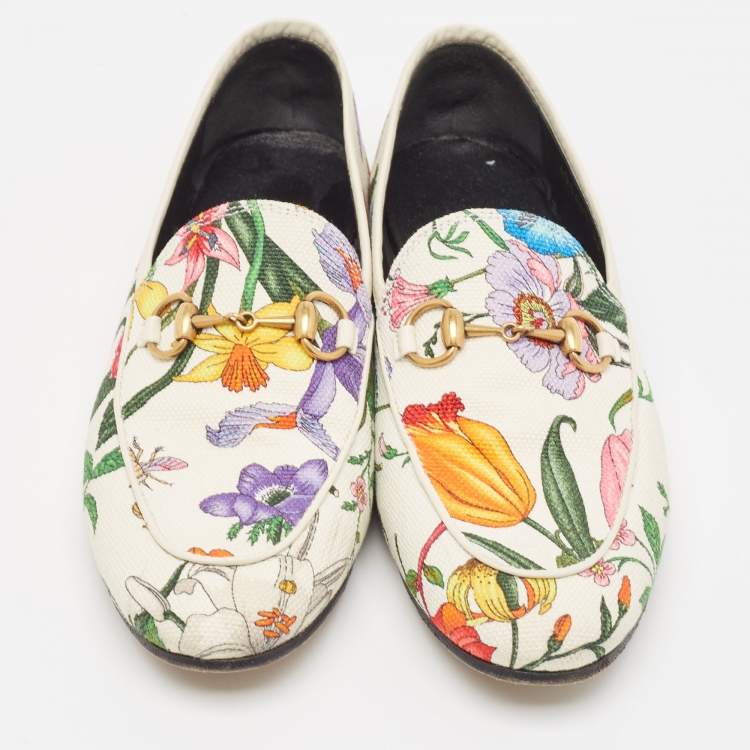 Pre Owned Gucci White Floral Canvas Jordaan Horsebit Slip On Loafers Size 35