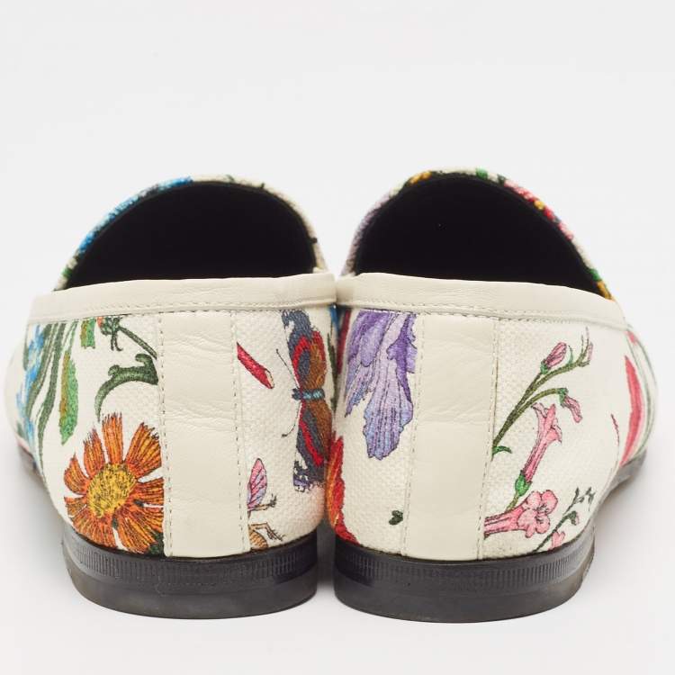 Pre Owned Gucci White Floral Canvas Jordaan Horsebit Slip On Loafers Size 35