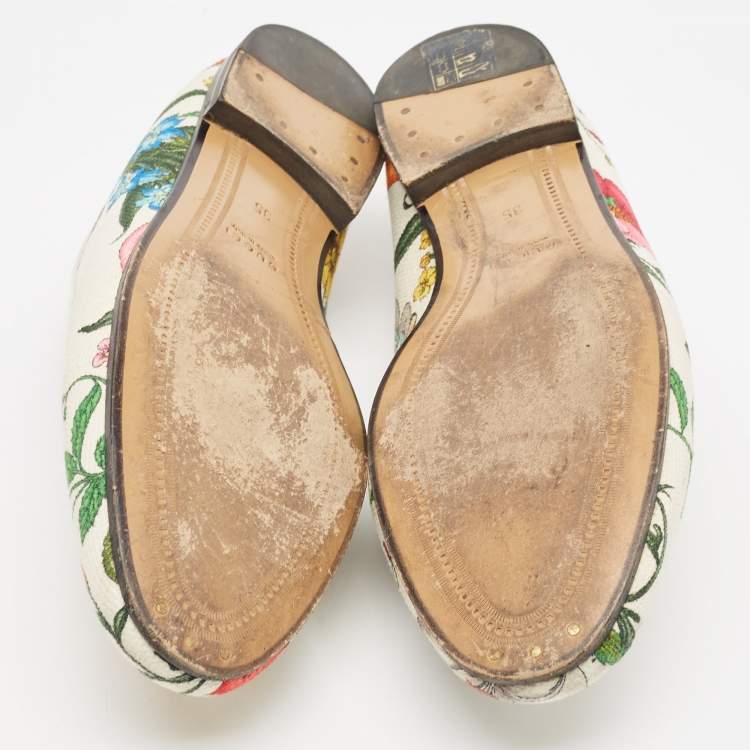 Pre Owned Gucci White Floral Canvas Jordaan Horsebit Slip On Loafers Size 35