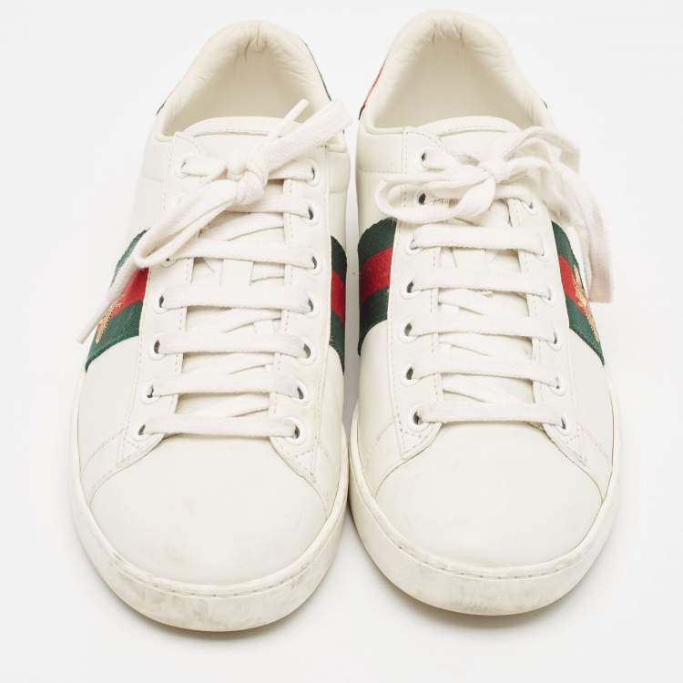 Pre Owned Gucci White Leather Embroidered Bee Ace Sneakers Size 36