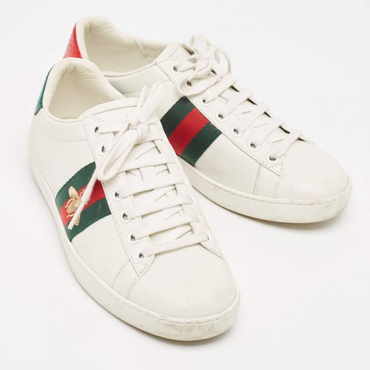 Pre Owned Gucci White Leather Embroidered Bee Ace Sneakers Size 36