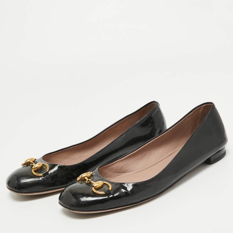 Pre Owned Gucci Black Patent Leather Horsebit Ballet Flats Size 38.5