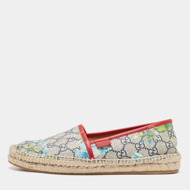 Gucci Navy Blue Beige GG Supreme Canvas Bloom Print Espadrille Flats Size 38.5 Gucci The Luxury Closet