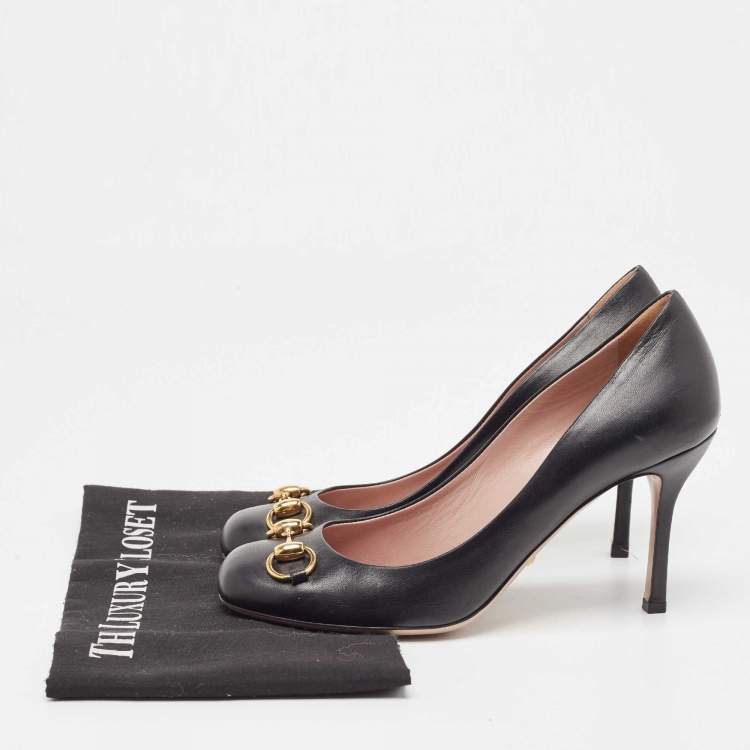 Pre Owned Gucci Black Leather Horsebit Square Toe Pumps Size 38
