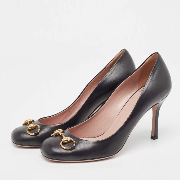Pre Owned Gucci Black Leather Horsebit Square Toe Pumps Size 38