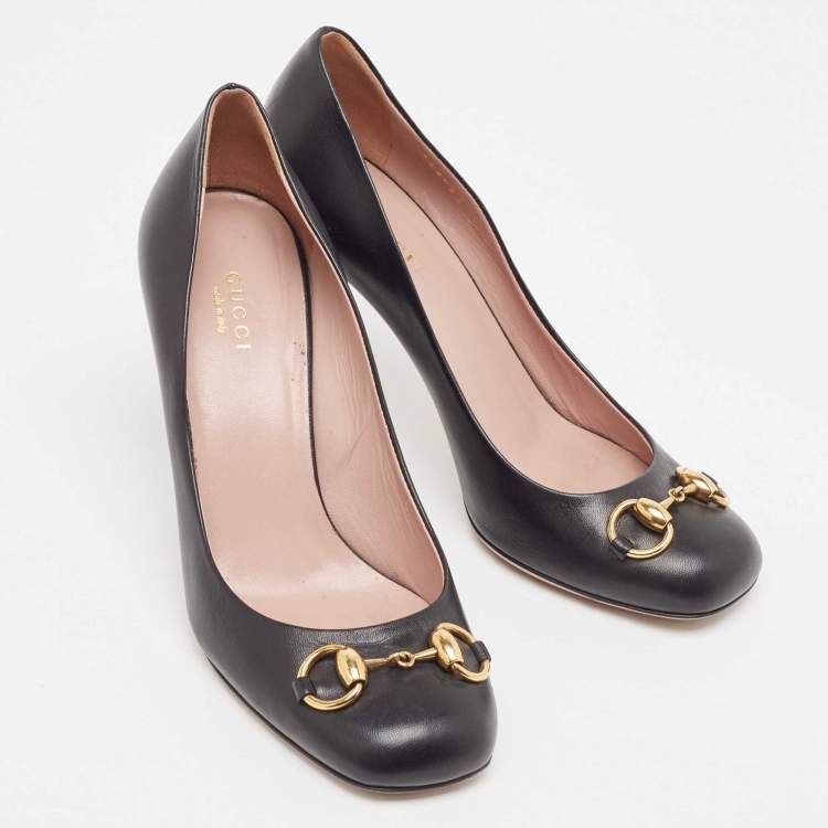 Pre Owned Gucci Black Leather Horsebit Square Toe Pumps Size 38