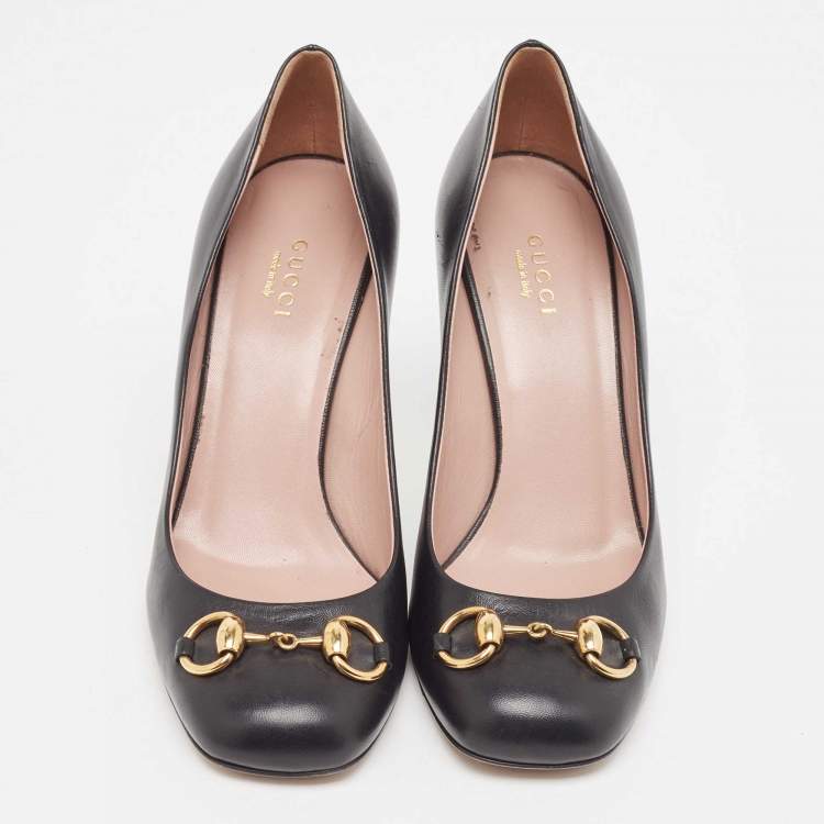 Pre Owned Gucci Black Leather Horsebit Square Toe Pumps Size 38