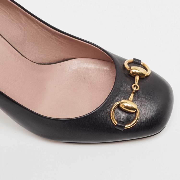 Pre Owned Gucci Black Leather Horsebit Square Toe Pumps Size 38