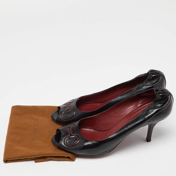 Pre Owned Gucci Black Leather Horsebit Peep Toe Pumps Size 39.5