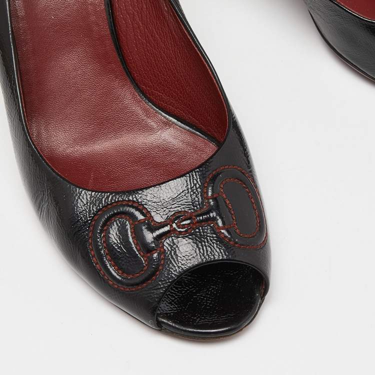 Pre Owned Gucci Black Leather Horsebit Peep Toe Pumps Size 39.5