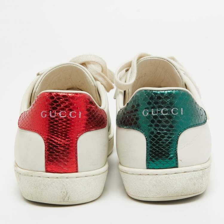 Pre Owned Gucci White Leather Embroidered Bee Ace Sneakers Size 37