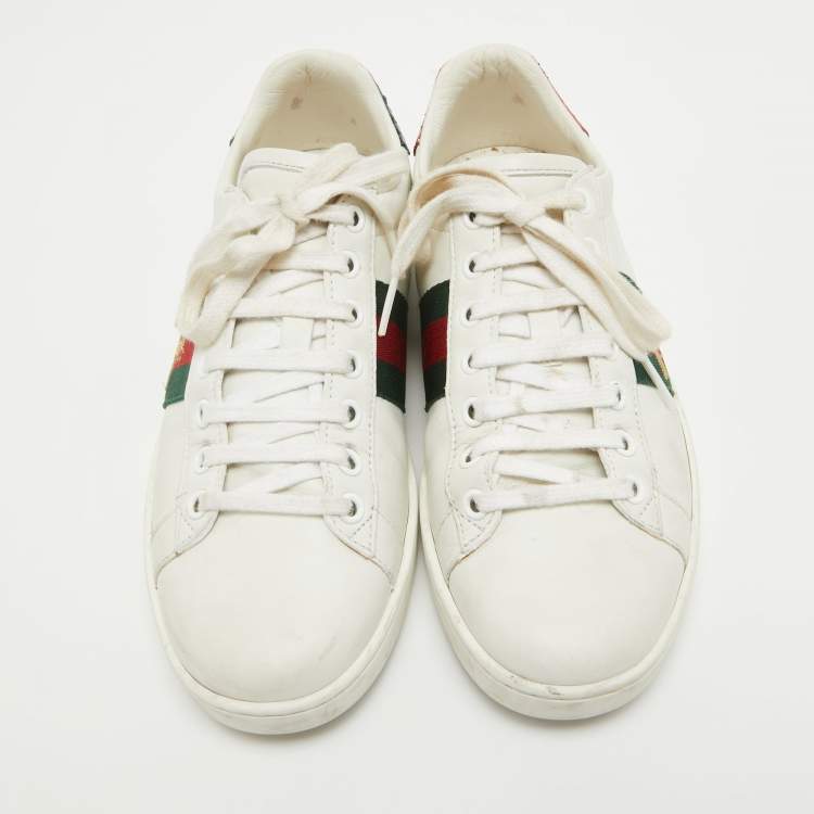 Pre Owned Gucci White Leather Embroidered Bee Ace Sneakers Size 37